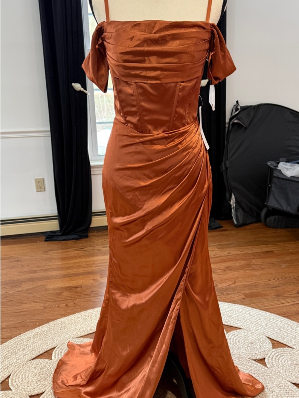 Rust Satin Off-Shoulder Evening Dress